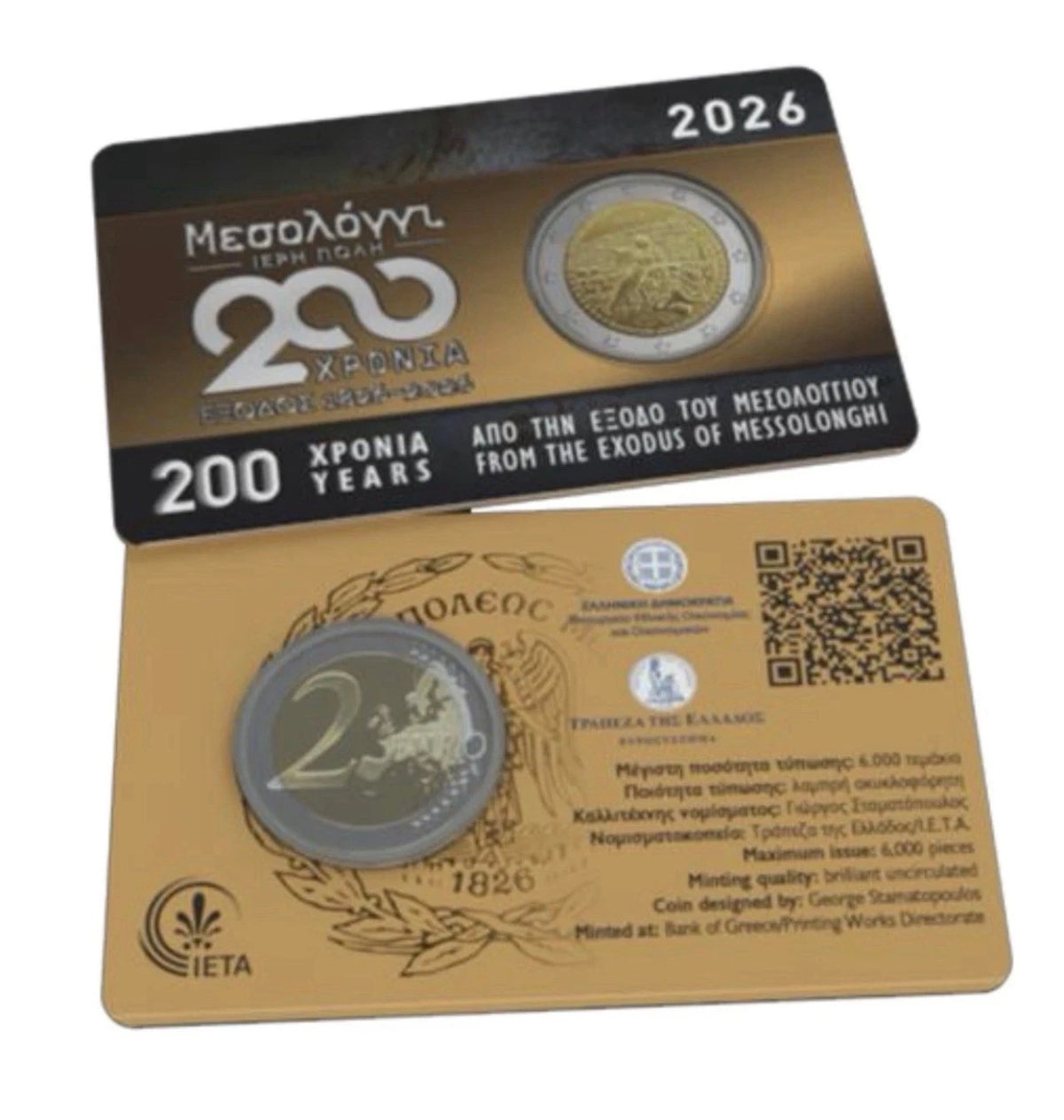 2 Euro Coincard Griechenland 2026 - 200 Jahre Exodus von Messolonghi -VVK-